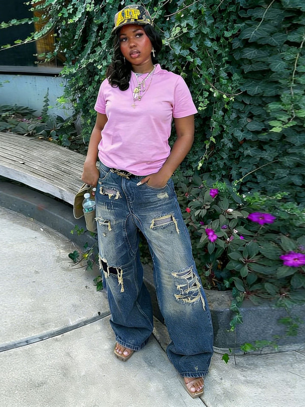 Plus Size Fashion Holes Washed Straight Jeans GYLN-9251