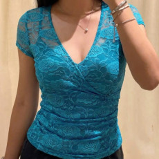 Lace See Through V Neck T Shirts GPKJ-MR47887