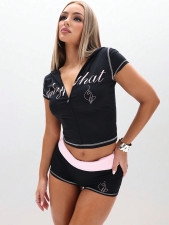 Letter Print Contrast Color Sport Shorts Suit CH-26015