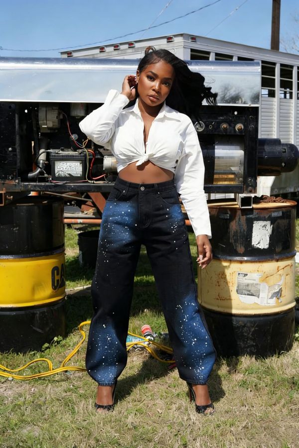 Plus Size Starry Blue Graffiti Print Straight Jeans GYLN-0063