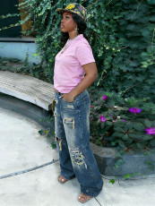 Plus Size Fashion Holes Washed Straight Jeans GYLN-9251