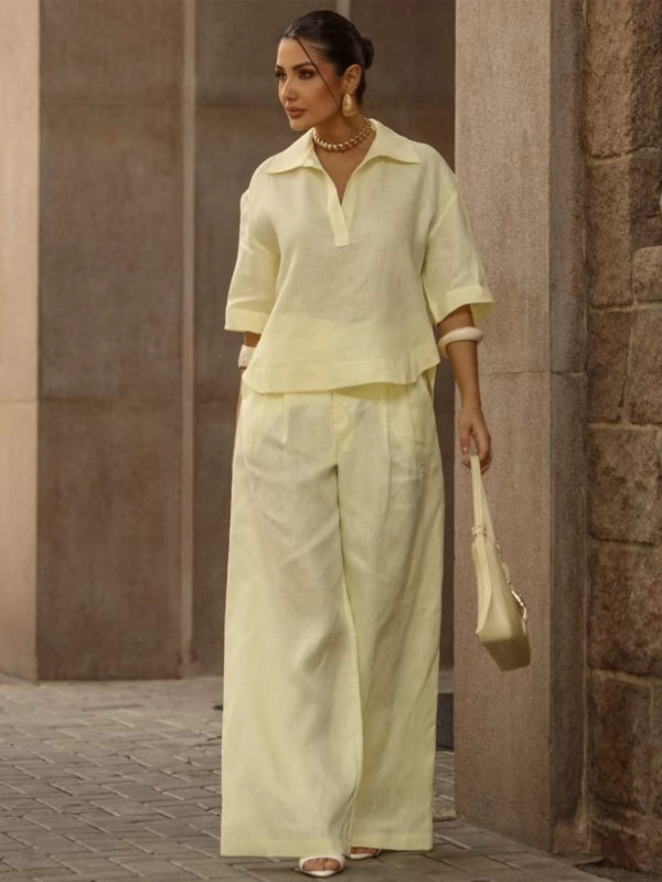 Solid Color Short Sleeve Loose Two Piece Pants Set MIL-369
