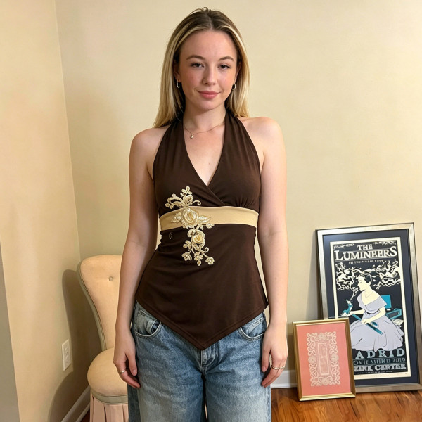 Floral Embroidery Sequin Halterneck Tank Tops GPKJ-MR47944
