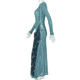 O Neck Long Sleeve Patchwork Print Maxi Dress GJYO-JD305169