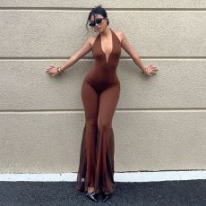V Neck Backless Mesh Patchwork Jumpsuit GPKJ-MR18592
