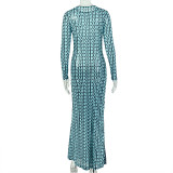 O Neck Long Sleeve Patchwork Print Maxi Dress GJYO-JD305169