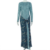 O Neck Long Sleeve Patchwork Print Maxi Dress GJYO-JD305169