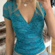 Lace See Through V Neck T Shirts GPKJ-MR47887