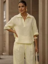Solid Color Short Sleeve Loose Two Piece Pants Set MIL-369