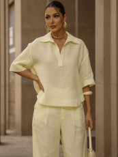 Solid Color Short Sleeve Loose Two Piece Pants Set MIL-369