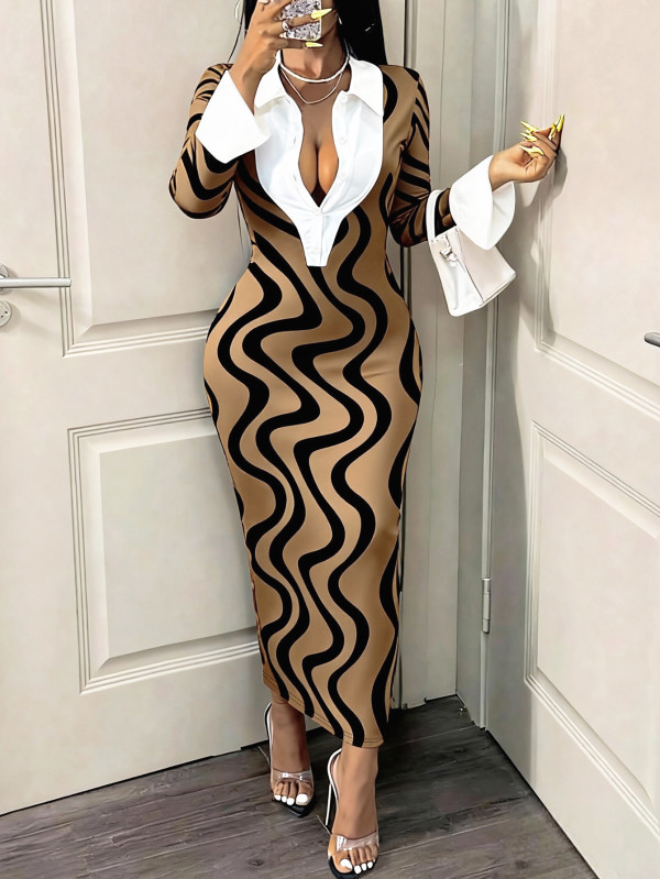 Print Shirt Neck Slim Maxi Dress XHSY-BQ3501