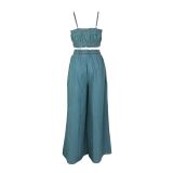 Fashion Denim Sling Tops Wide Leg Pant Suit AIL-347