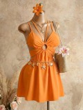 Solid Color Sling Backless Tie Up Mini Dress GHYX-TXY5285
