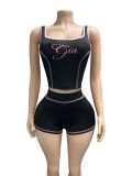 Letter Print Square Neck Two Piece Shorts Set GFCF-1463