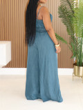 Fashion Denim Sling Tops Wide Leg Pant Suit AIL-347