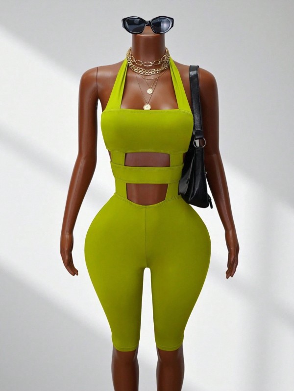Solid Color Halterneck Backless Sport Romper GHYX-TXY5305