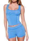 Letter Print Square Neck Two Piece Shorts Set GFCF-1463