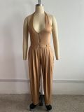 Halterneck Solid Color Zipper Jumpsuit(Without Belt) TE-4755