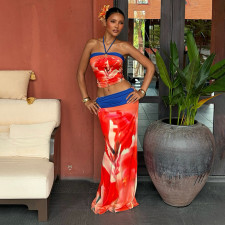 Print Halterneck Vest Long Skirts 2 Piece Set GZJQ-K6S05317A