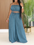 Fashion Denim Sling Tops Wide Leg Pant Suit AIL-347