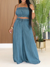 Fashion Denim Sling Tops Wide Leg Pant Suit AIL-347