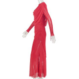 Long Sleeve Solid Color Ruched Maxi Dress GJYO-JD305218