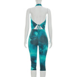 Print Backless Mesh Top Seventh Pants Suit GDSF-J26ST138