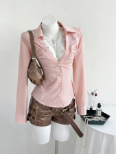 Solid Color V Neck Long Sleeve Shirt GYXN-73913