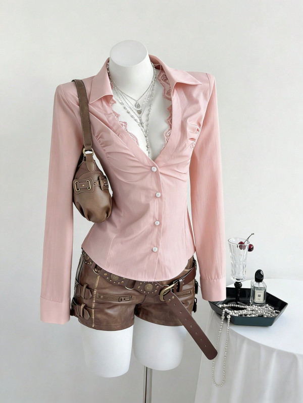 Solid Color V Neck Long Sleeve Shirt GYXN-73913