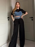 Denim Patchwork Short Sleeve Two Piece Pants Set YRST-T26-33