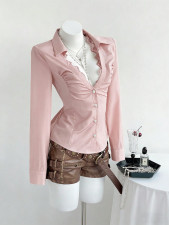 Solid Color V Neck Long Sleeve Shirt GYXN-73913