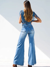 Tassel Patchwork Sleeveless Top Pants Denim Suit YRST-D018