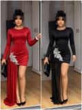 Long Sleeve Solid Color Hot Drill Mini Dress GADE-10059