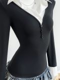 V Neck Long Sleeve Patchwork Tops GYXN-95160