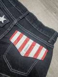 Retro Flag-Print Patchwork Denim Shorts GQLF-7777