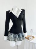 V Neck Long Sleeve Patchwork Tops GYXN-95160