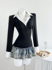 V Neck Long Sleeve Patchwork Tops GYXN-95160
