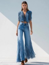 Tassel Patchwork Sleeveless Top Pants Denim Suit YRST-D018