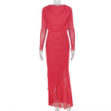 Long Sleeve Solid Color Ruched Maxi Dress GJYO-JD305218
