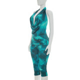 Print Backless Mesh Top Seventh Pants Suit GDSF-J26ST138