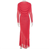Long Sleeve Solid Color Ruched Maxi Dress GJYO-JD305218