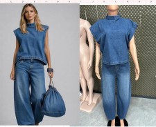 Fashion Denim Sleeveless Vest+Wide Leg Pants Suit YRST-D022