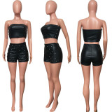 Solid Color PU Leather Two Piece Shorts Set HMS-5596