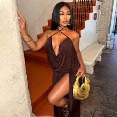 Solid Color Deep V Neck Sling Backless Maxi Dress GJYO-JD305206