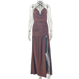 Solid Color Deep V Neck Sling Backless Maxi Dress GJYO-JD305206