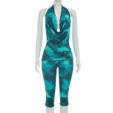 Print Backless Mesh Top Seventh Pants Suit GDSF-J26ST138