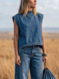 Fashion Denim Sleeveless Vest+Wide Leg Pants Suit YRST-D022