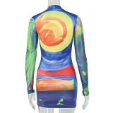Long Sleeve Colorful Print Mini Dress GJYO-JD305087