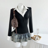 V Neck Long Sleeve Patchwork Tops GYXN-95160