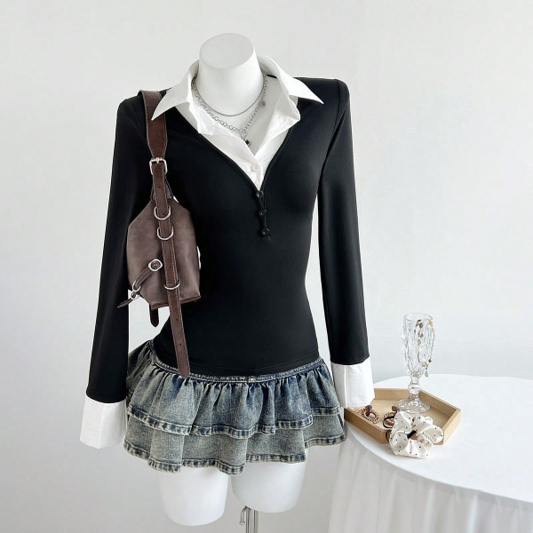 V Neck Long Sleeve Patchwork Tops GYXN-95160